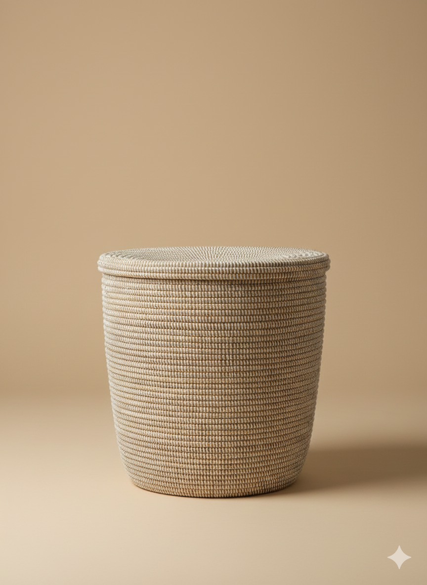 Panier à Linge Sénégalais en Herbe de Savane – Tressé à la Main blanc