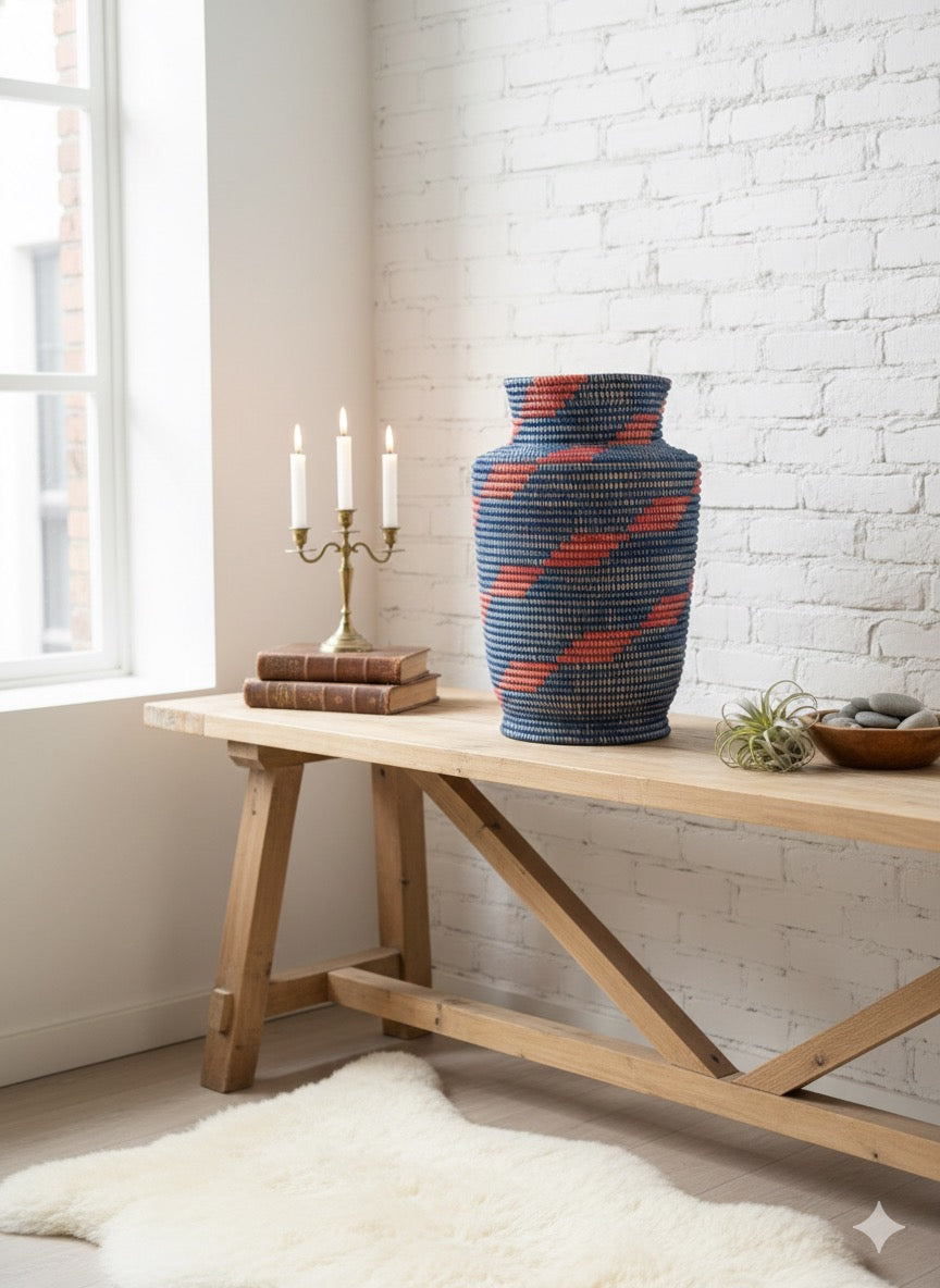 Pot de Fleurs Artisanal Sénégalais – Bleu Foncé et Rouge