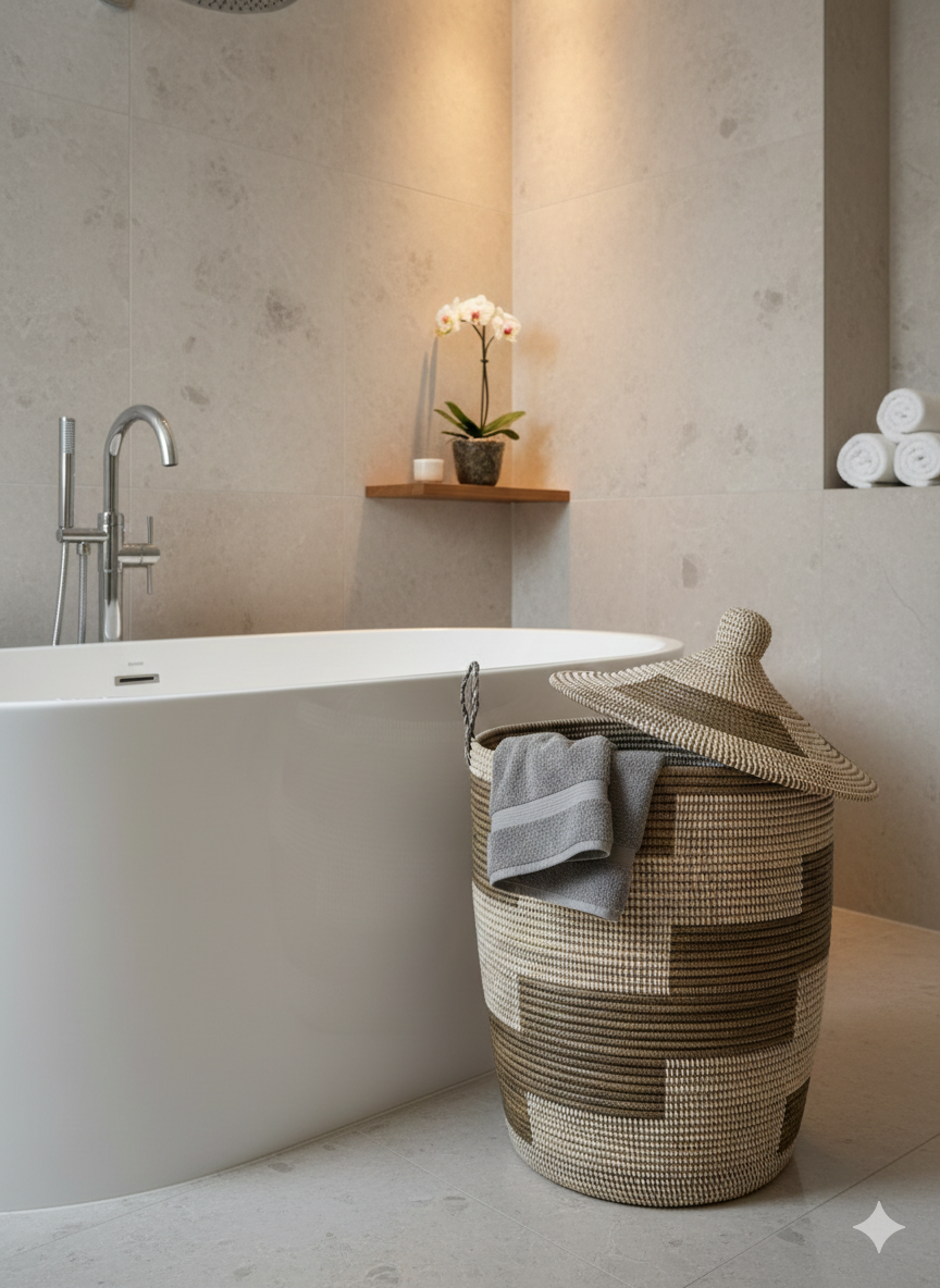 Panier à Linge Sénégalais en Herbe de Savane – Tressé à la Main marron blanc gris