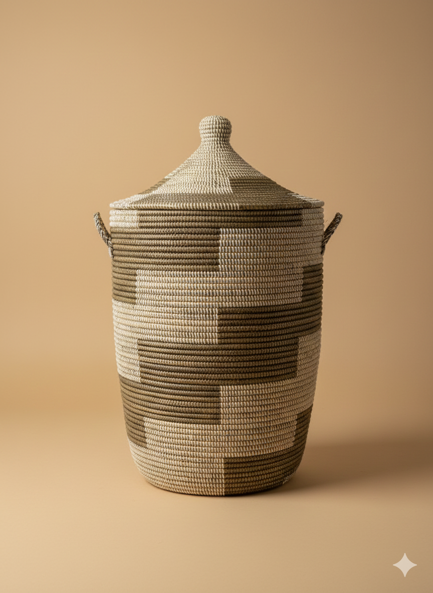 Panier à Linge Sénégalais en Herbe de Savane – Tressé à la Main marron blanc gris