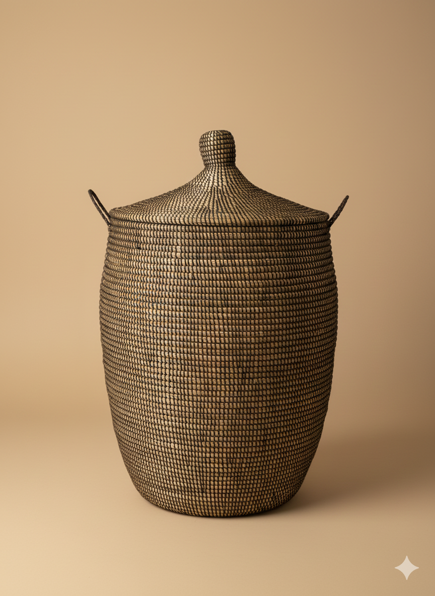 Panier à Linge Sénégalais en Herbe de Savane – Tressé à la Main marron