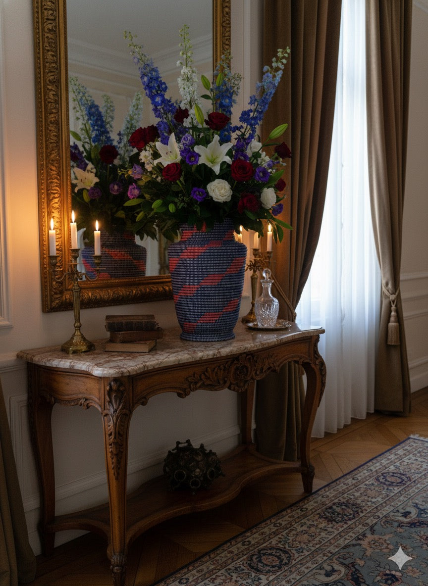 Pot de fleurs bleu foncée et rouge