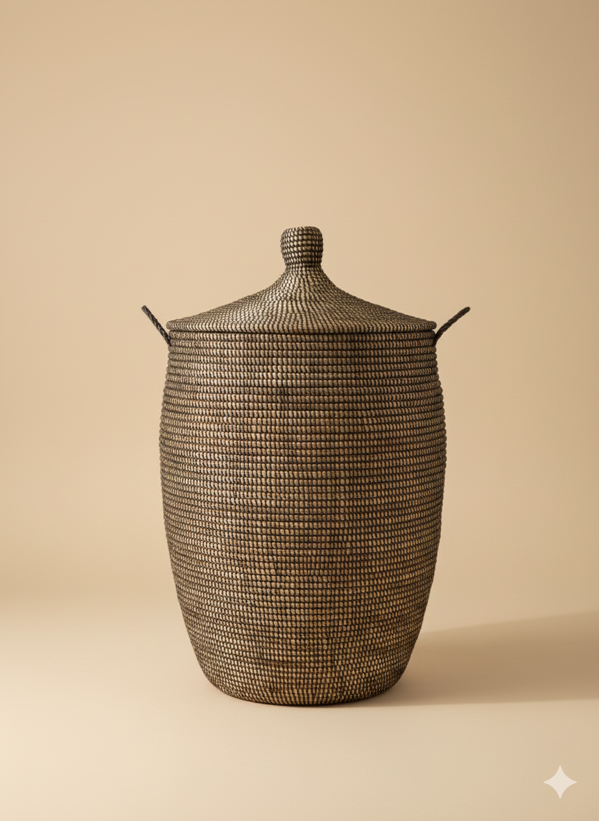 Panier à Linge Sénégalais en Herbe de Savane – Tressé à la Main marron