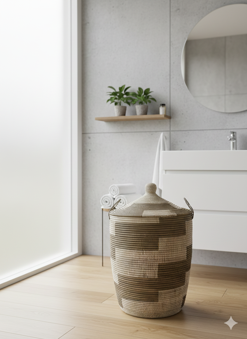 Panier à Linge Sénégalais en Herbe de Savane – Tressé à la Main marron blanc gris