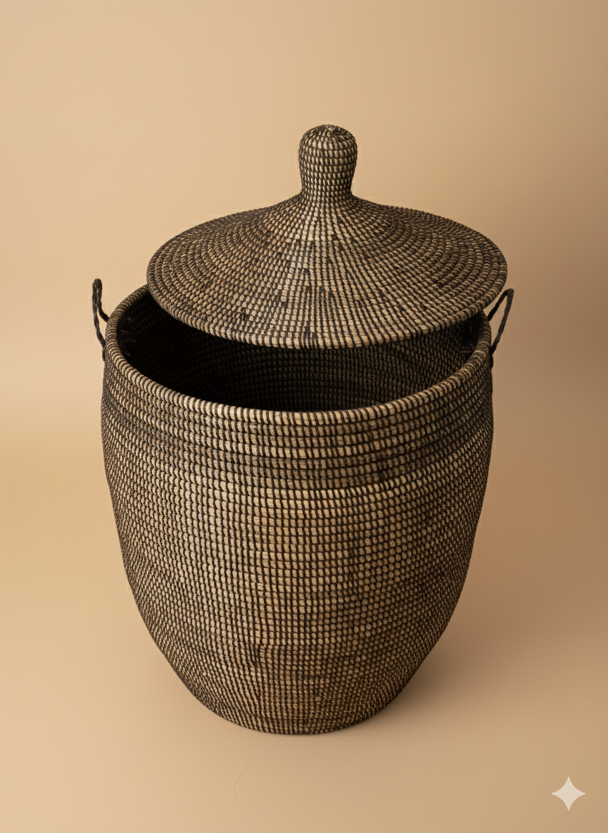 Panier à Linge Sénégalais en Herbe de Savane – Tressé à la Main marron