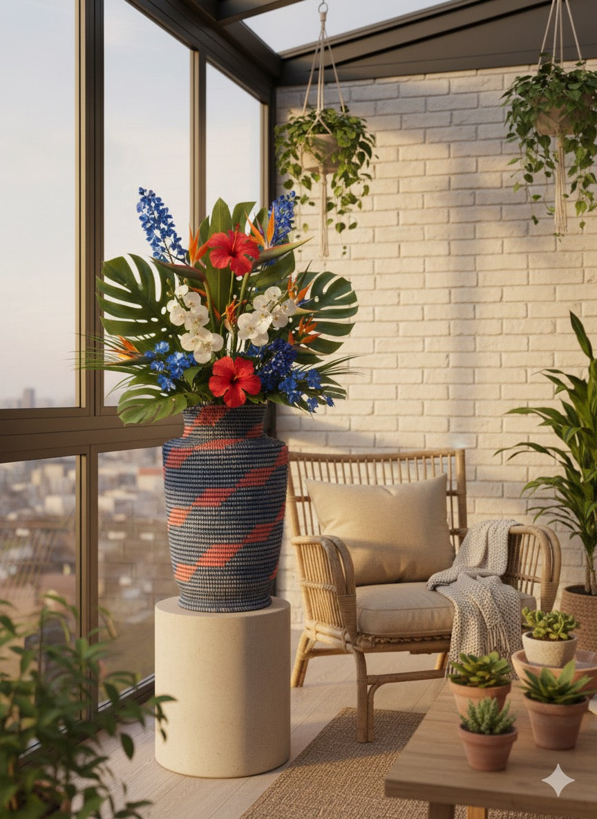 Pot de fleurs bleu foncée et rouge