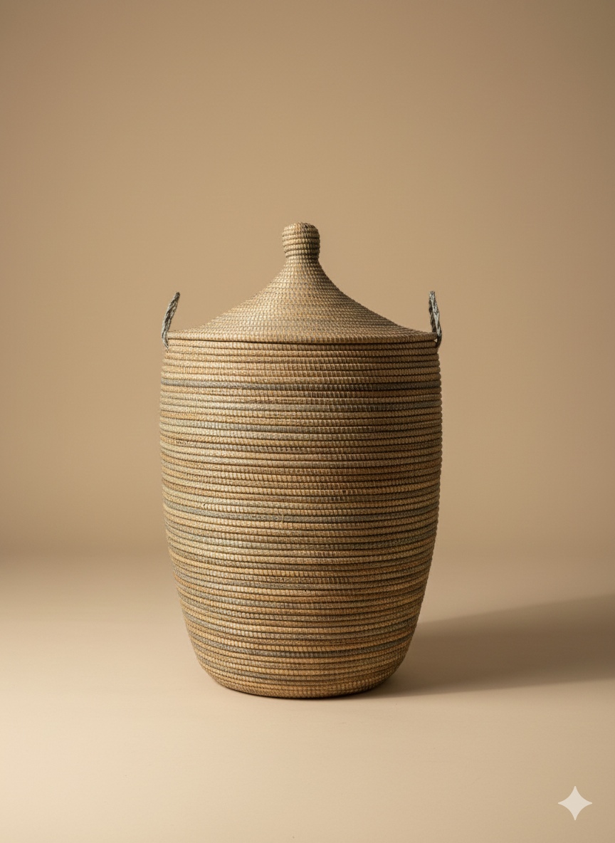 Panier à Linge Sénégalais en Herbe de Savane – Tressé à la Main gris