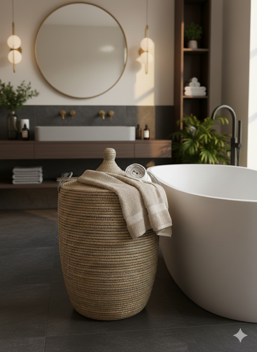 Panier à Linge Sénégalais en Herbe de Savane – Tressé à la Main gris