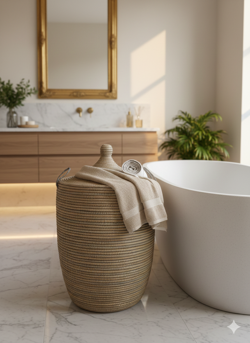 Panier à Linge Sénégalais en Herbe de Savane – Tressé à la Main gris